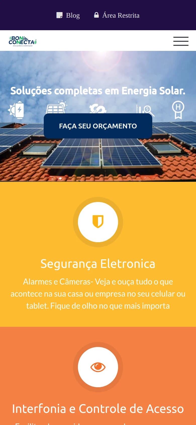 Site da Boni Conecta no celular com o destaque de energia solar