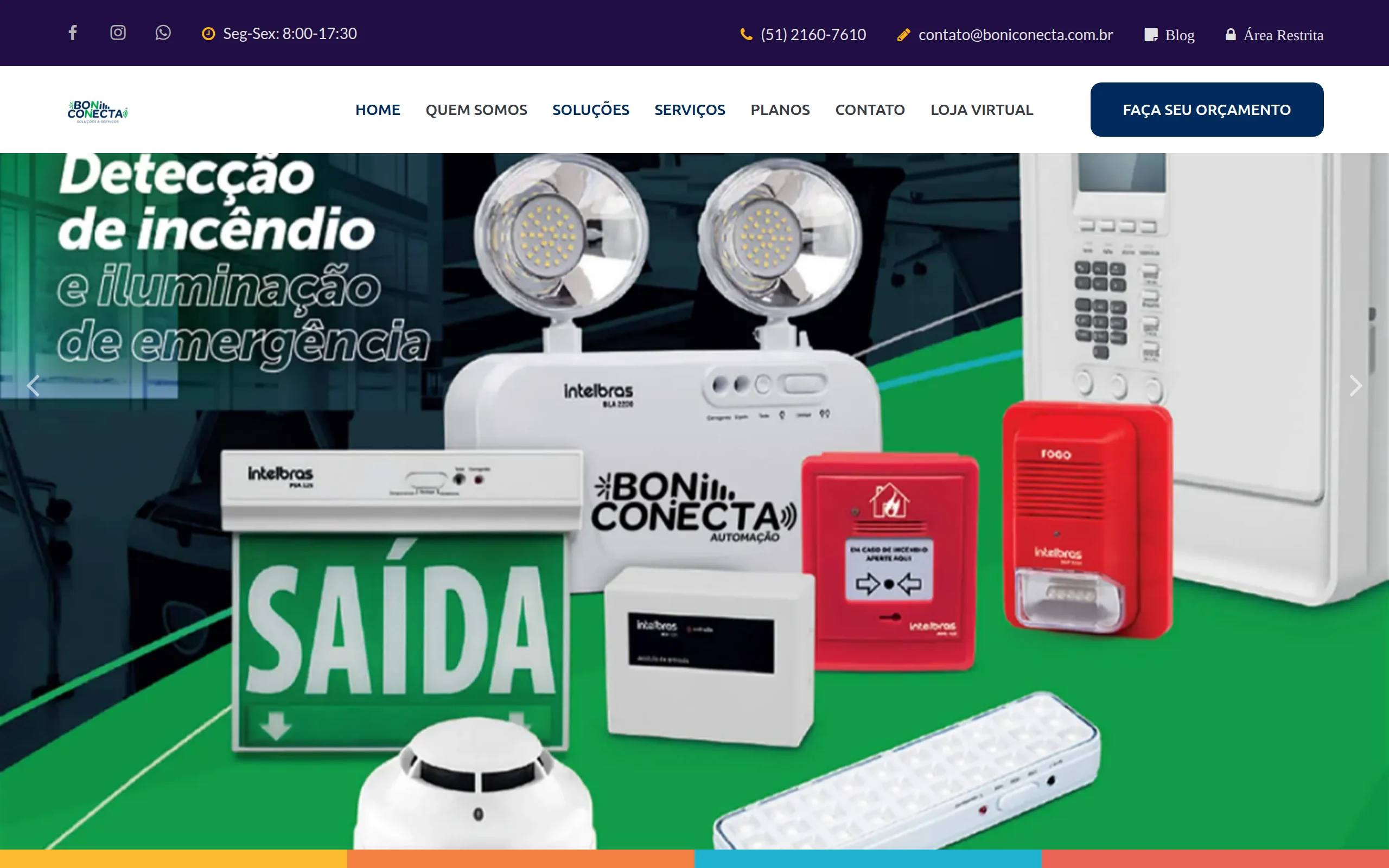 Página inicial do site da Boni Conecta com o destaque de detecção de incêndio e iluminação de emergência