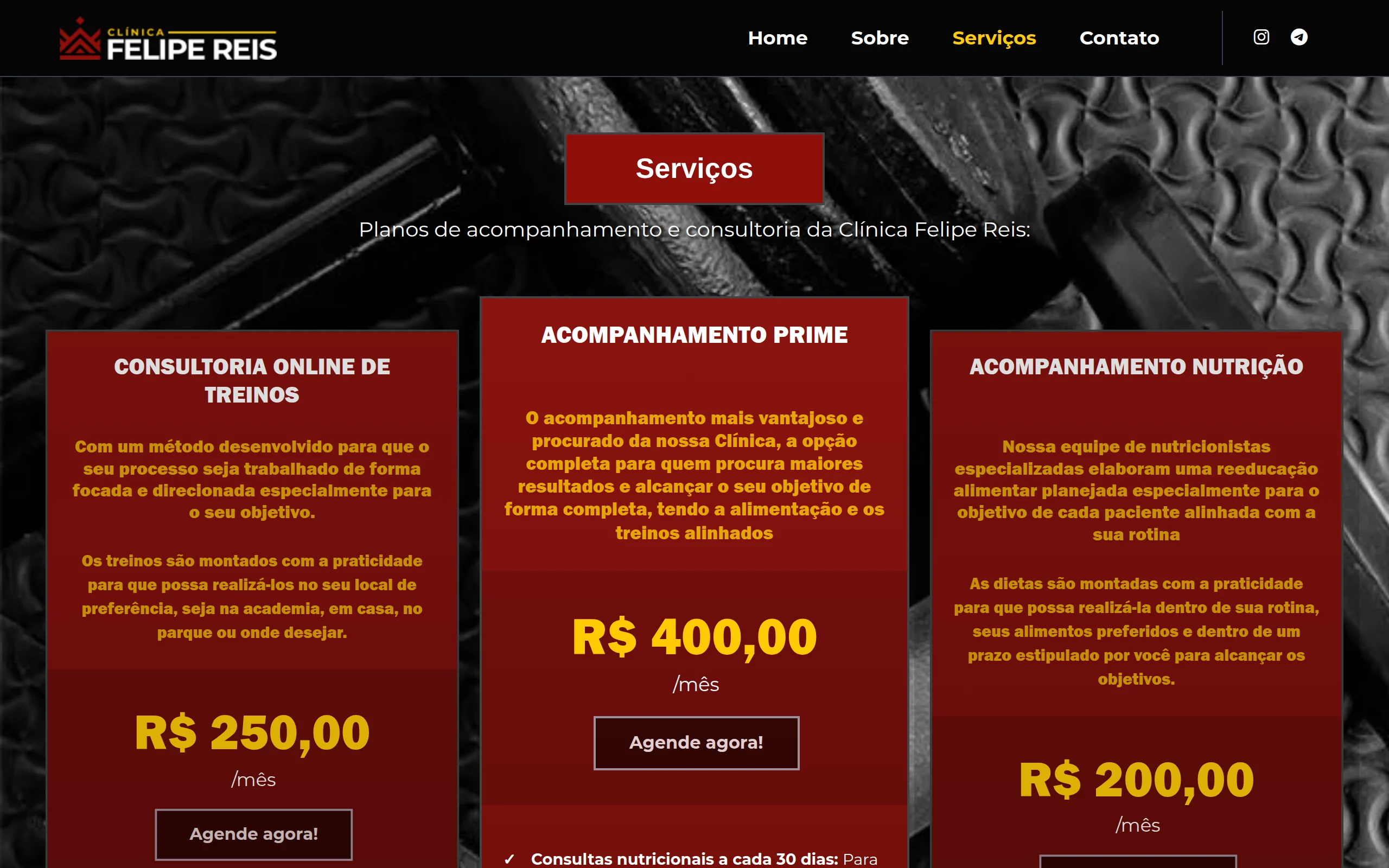 Página de serviços com os planos e preços