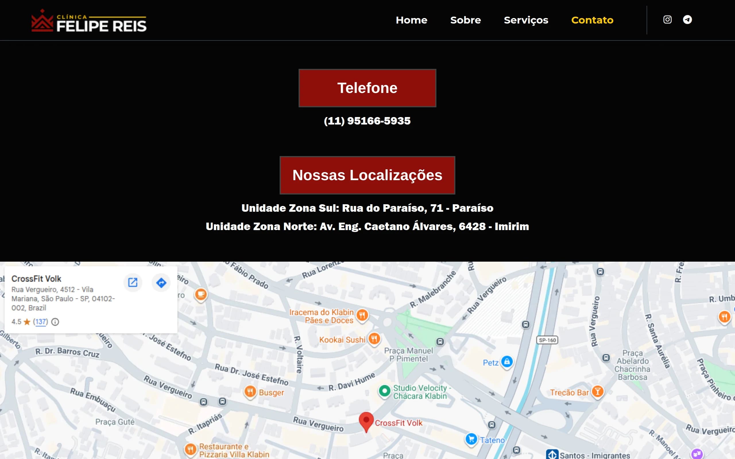 Página de contato com telefone, unidades e mapa
