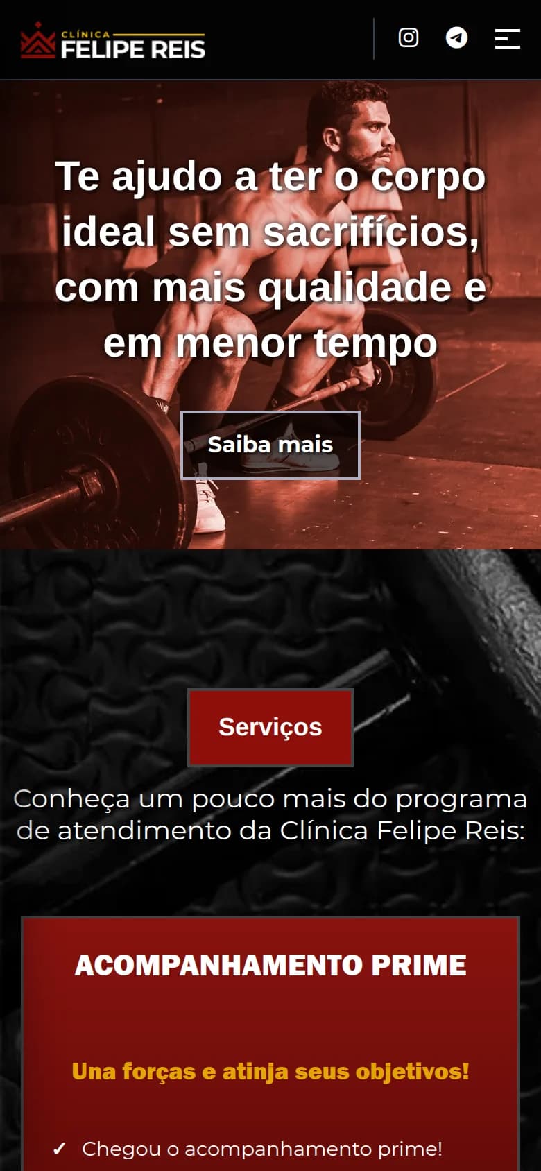 Página inicial da Clínica Felipe Reis no celular, com a chamada e os serviços