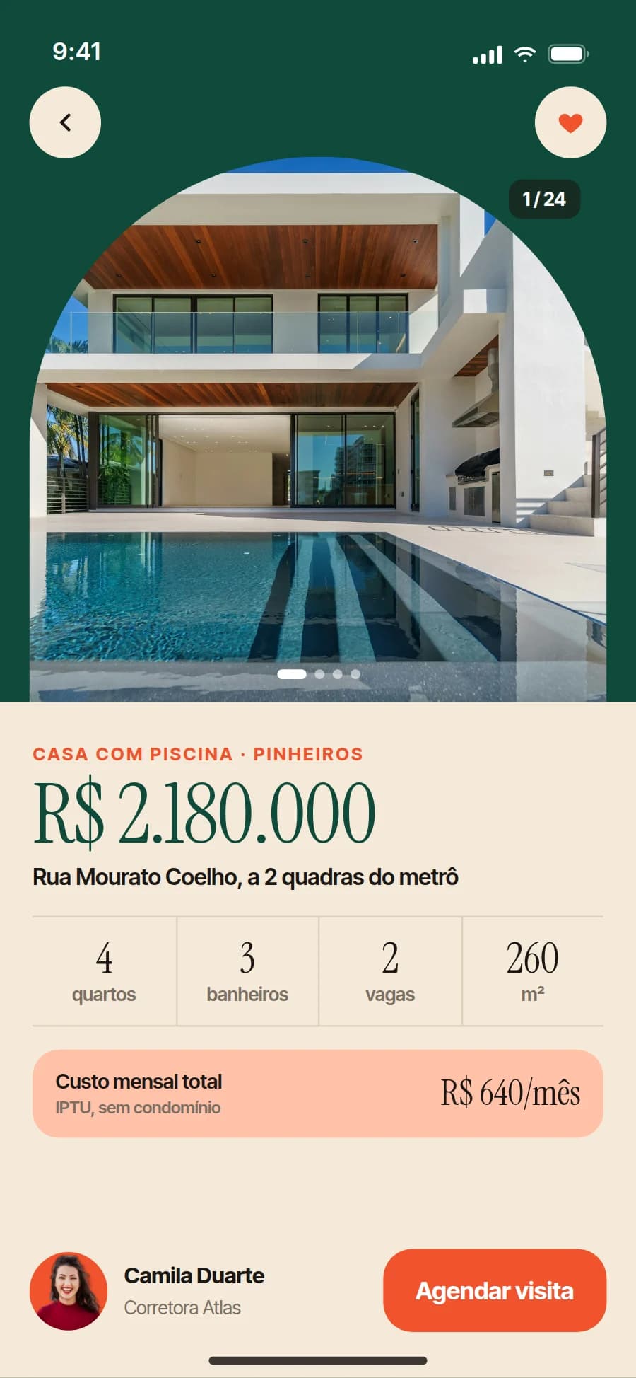 Ficha de uma casa com preço, metragem e custo mensal