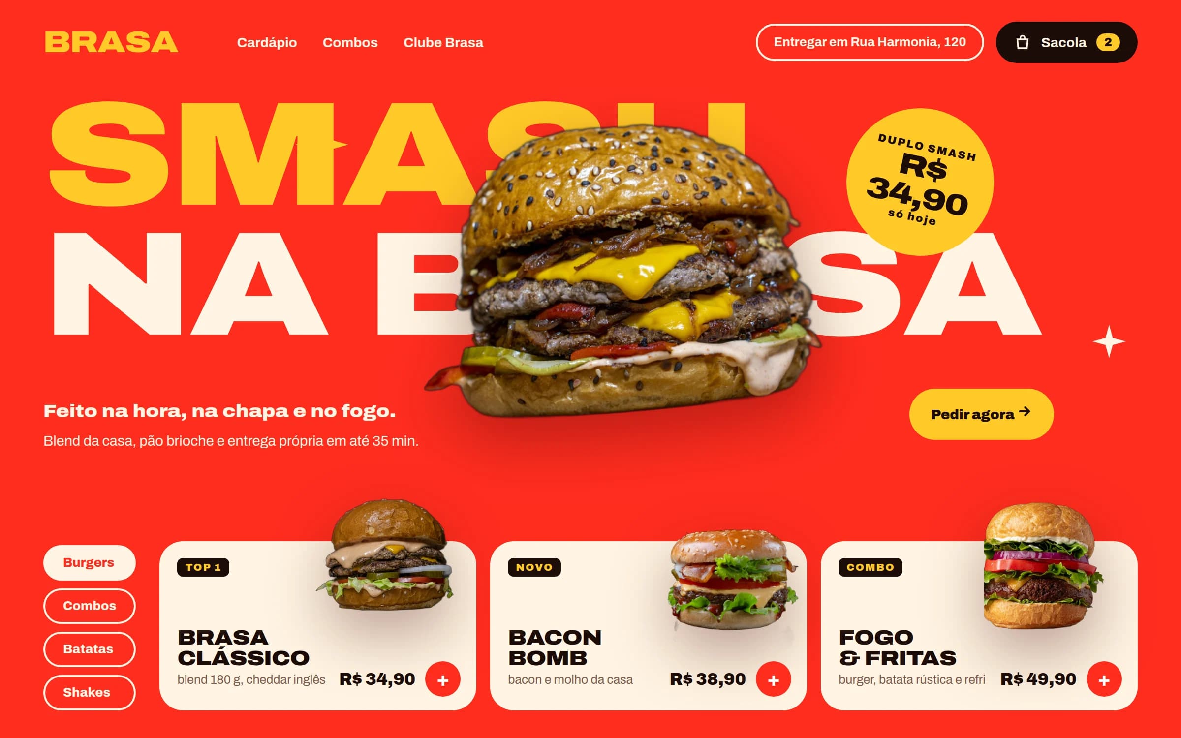Site da Brasa Burger com o duplo smash em destaque e o cardápio