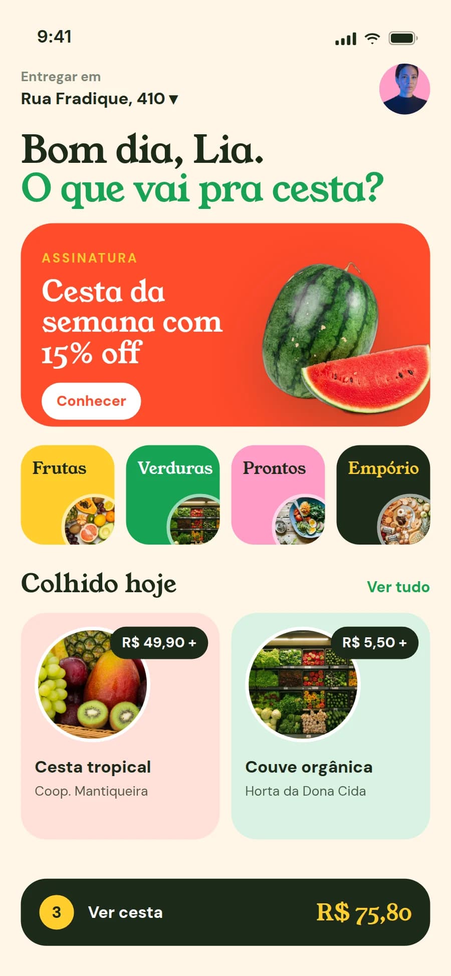 Tela inicial do app da Feira Viva com assinatura e produtos colhidos hoje