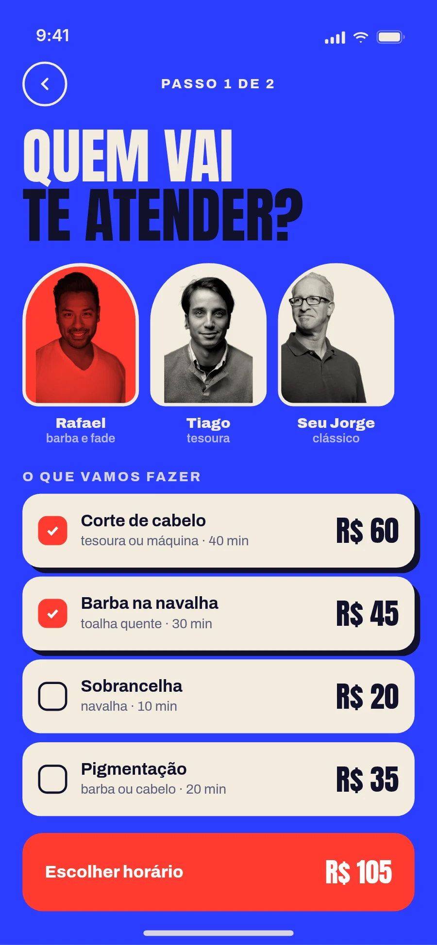 Escolha do barbeiro e dos serviços no app da Navalha