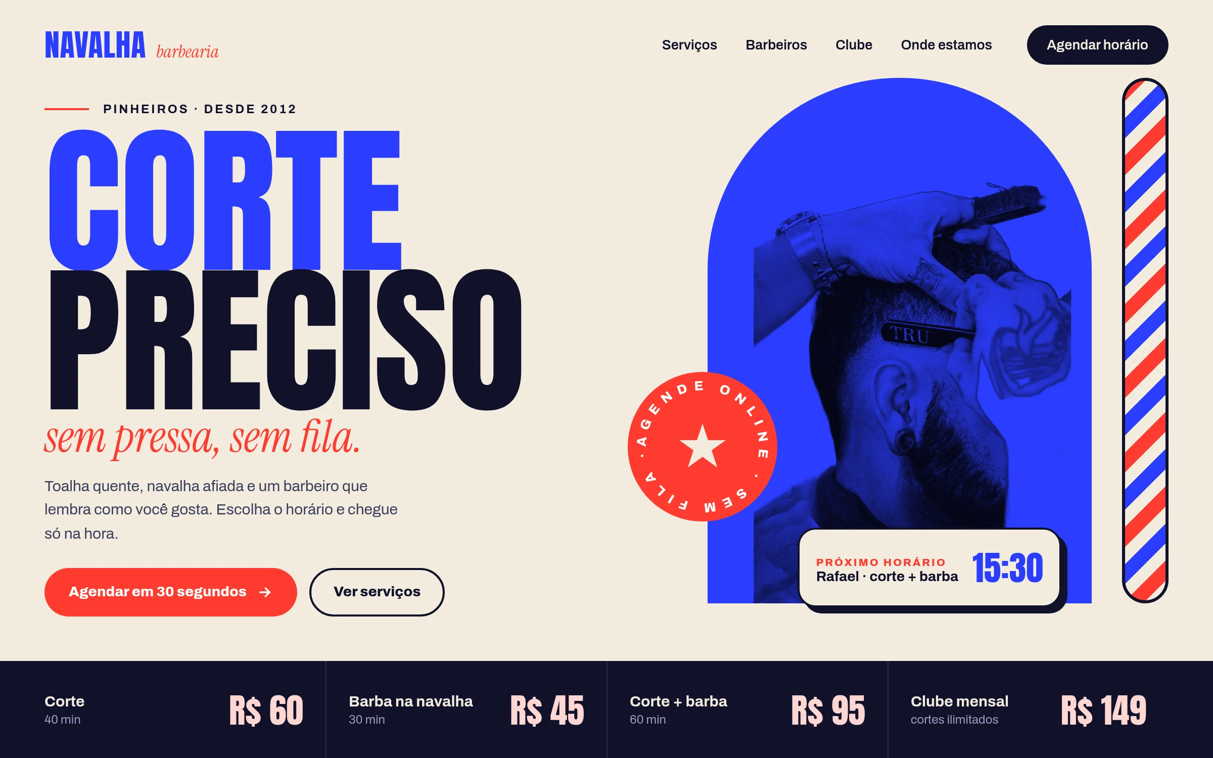 Site da Navalha Barbearia com o título Corte preciso, foto do barbeiro e tabela de preços