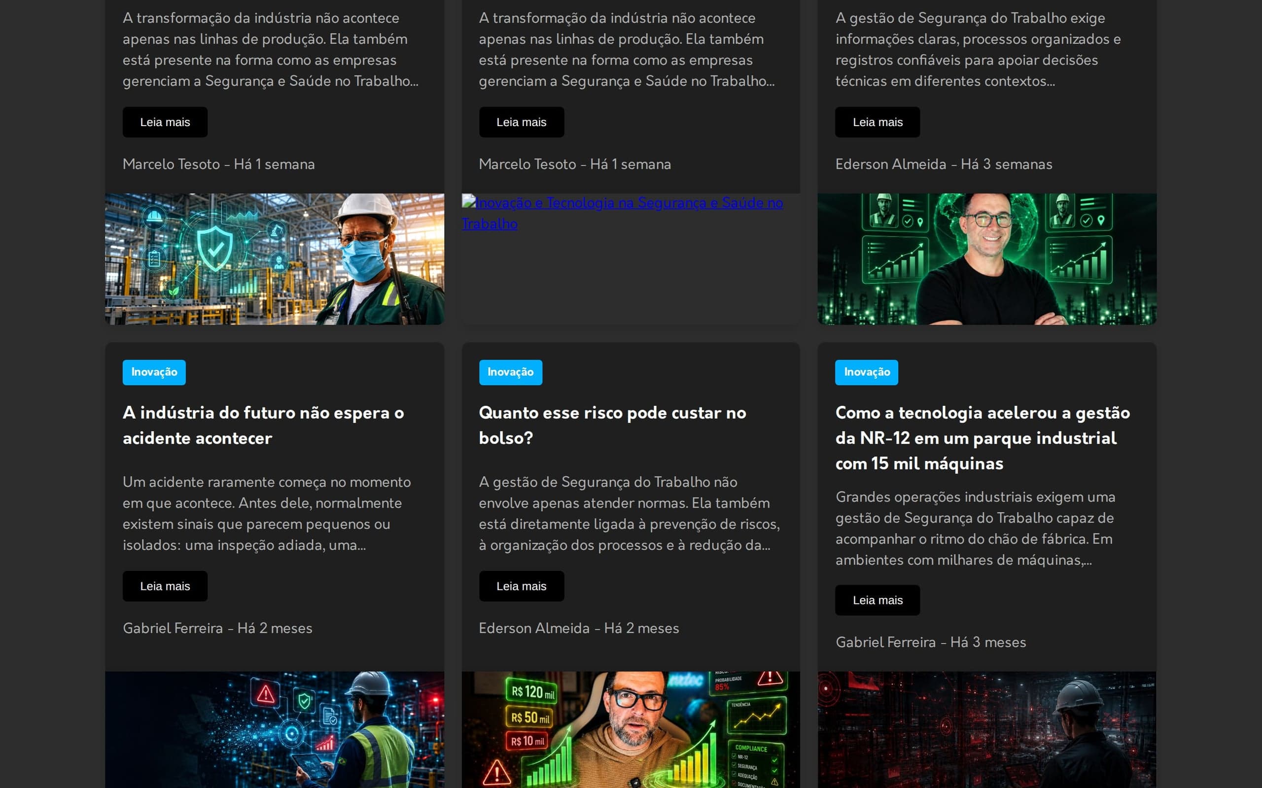 Artigos da página inicial em grade, com a etiqueta da norma, o autor e a data