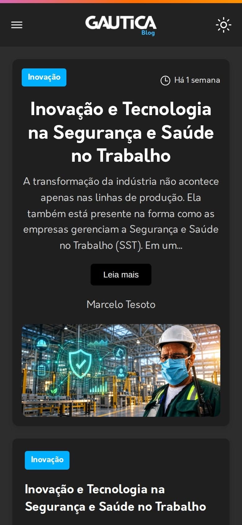 Página inicial do blog da GAUTICA no celular