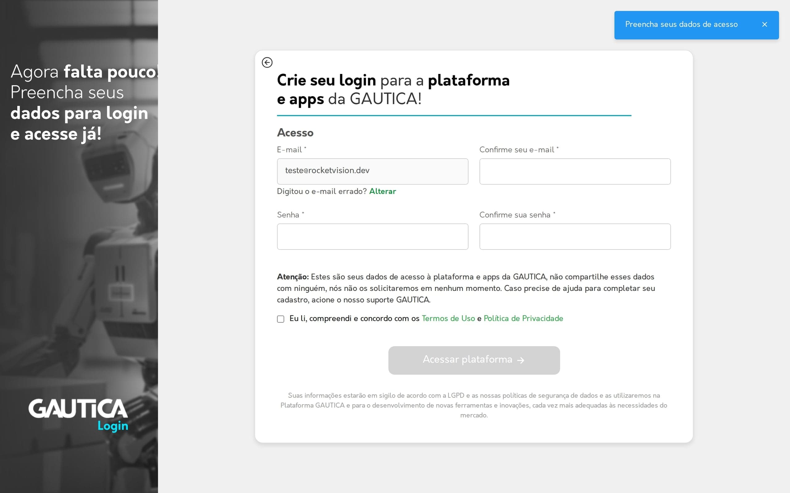 Segundo passo do cadastro, Crie seu login, com o e-mail já preenchido
