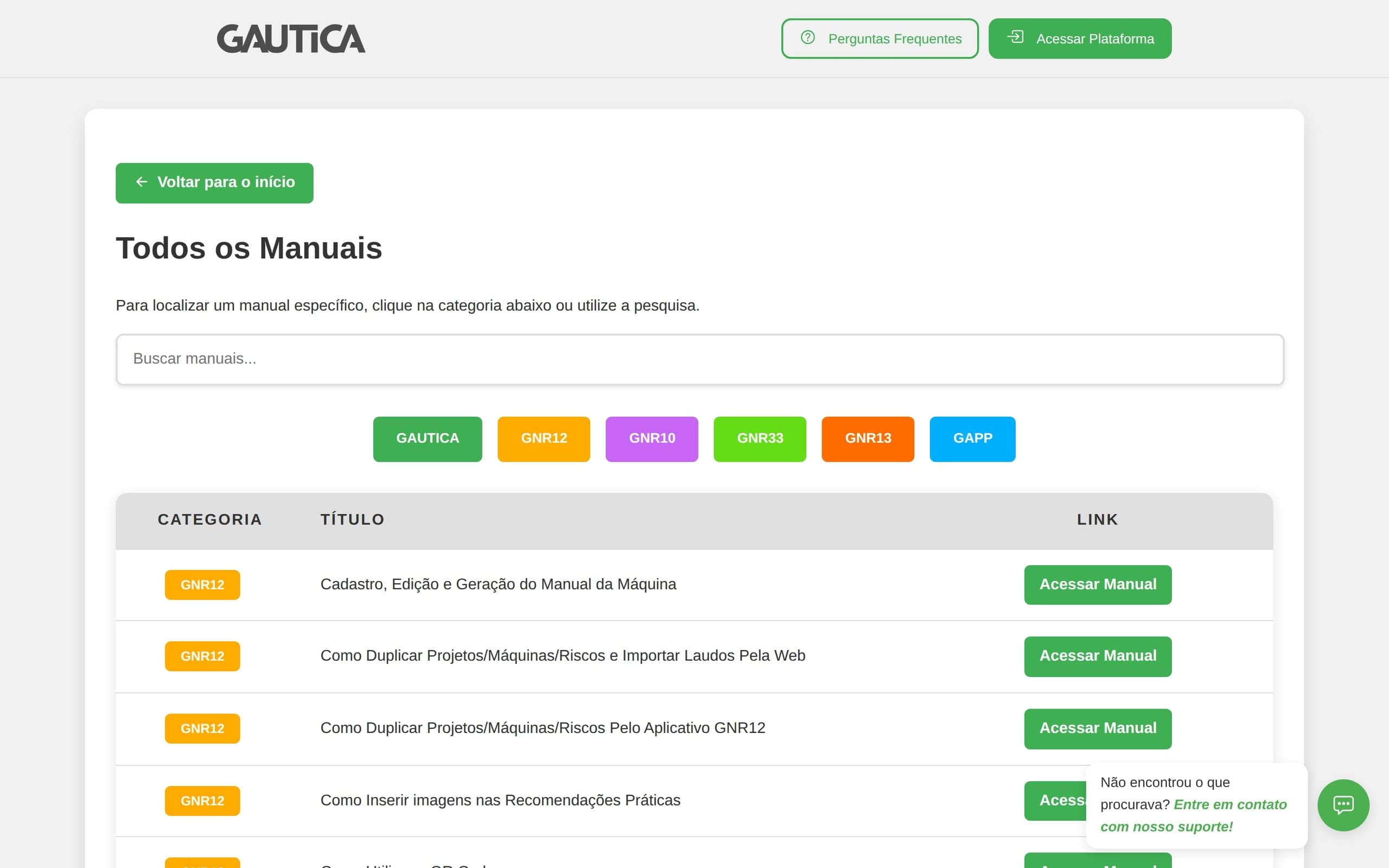 Página Todos os Manuais, com busca, filtros por módulo e a lista de manuais