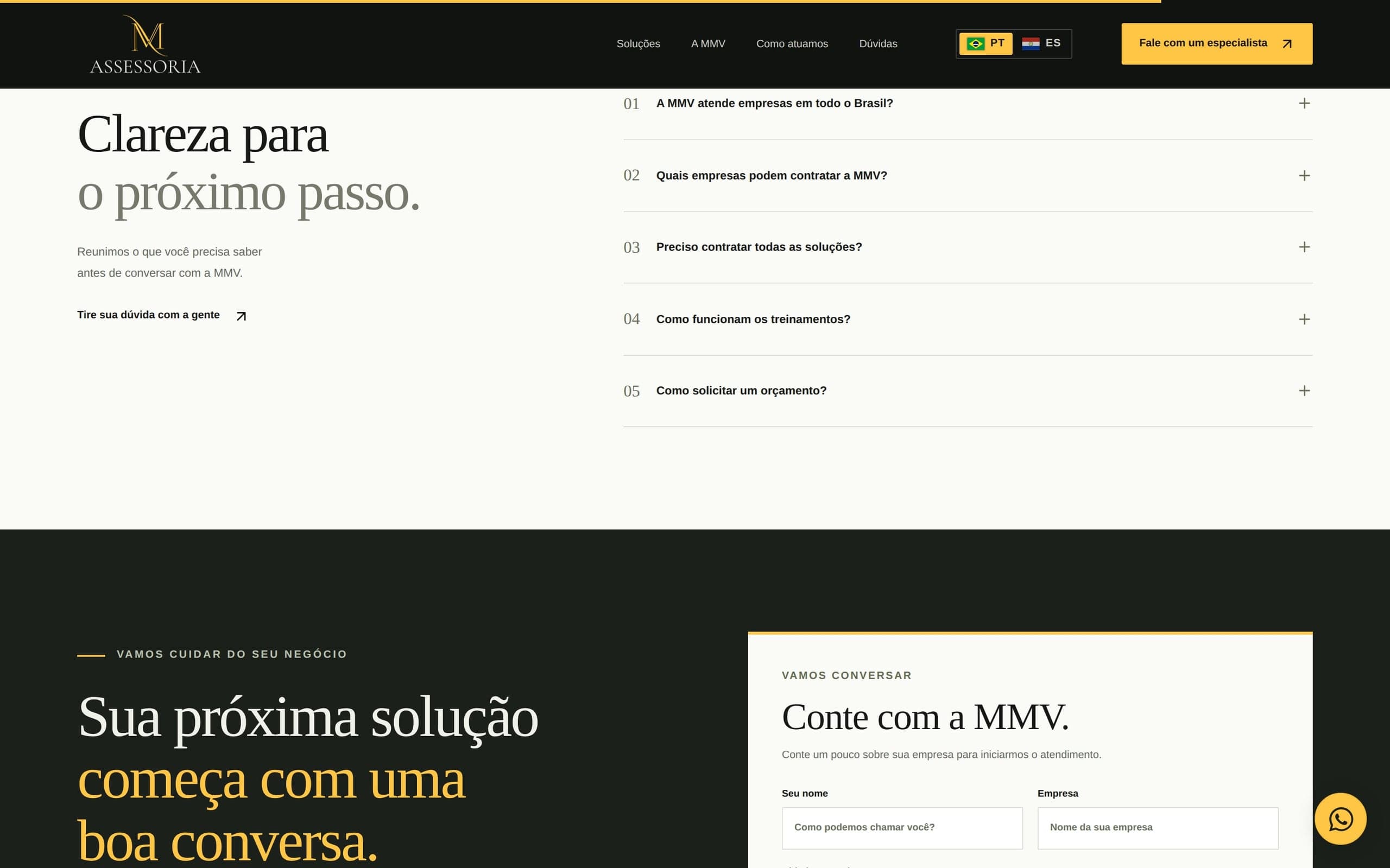 Perguntas frequentes e o início do formulário de contato