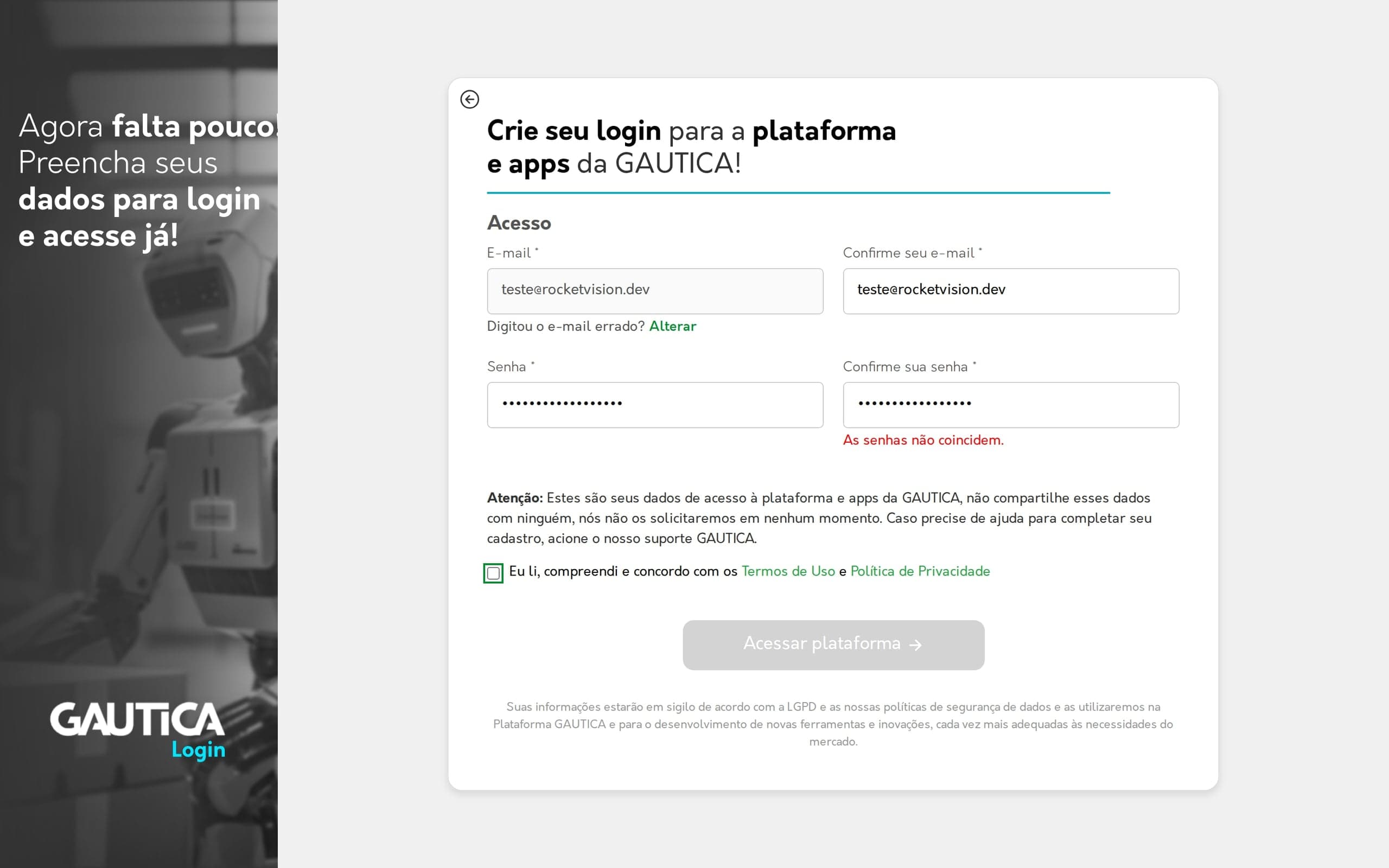 Aviso de que as senhas não coincidem