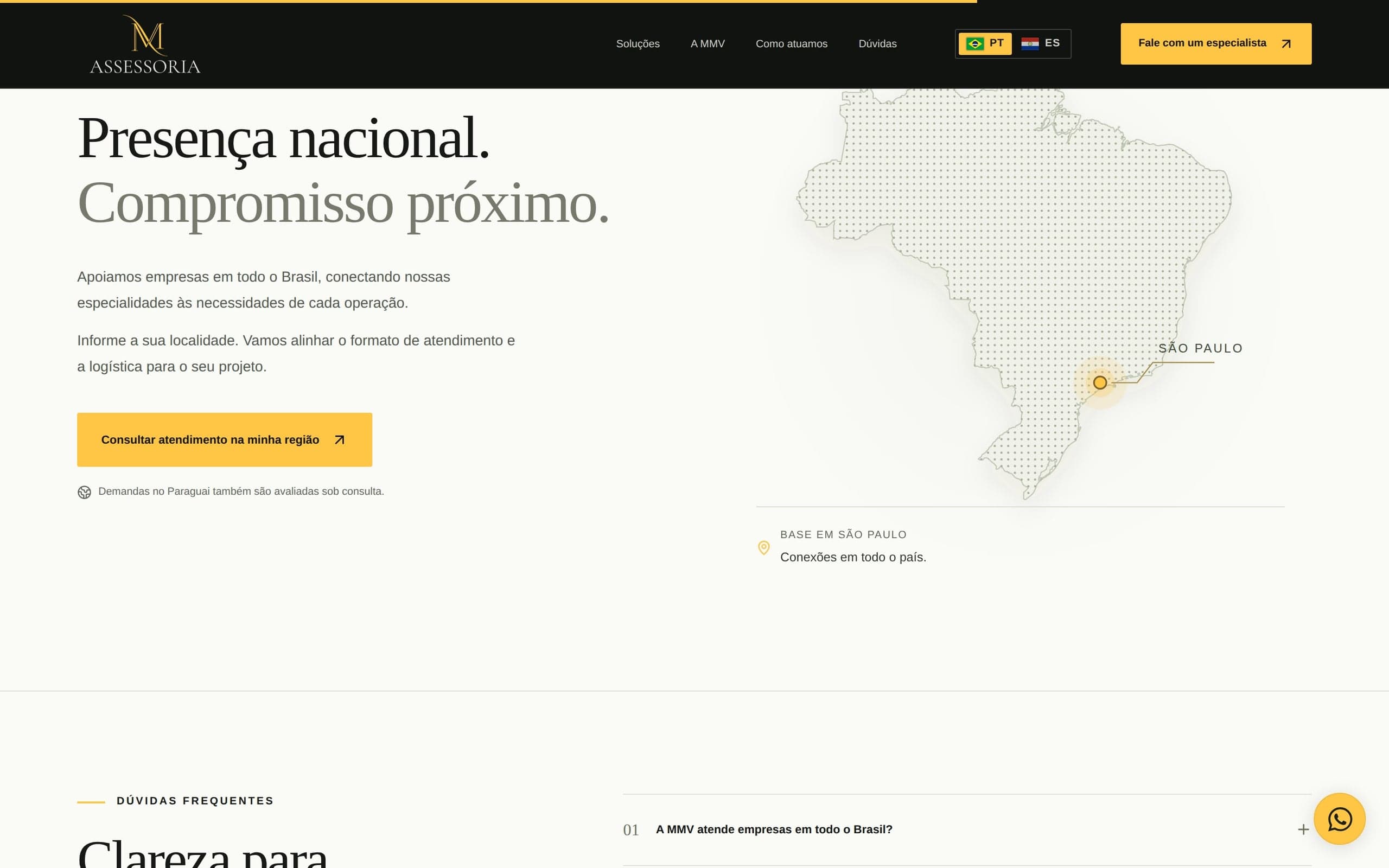 Seção Presença nacional, com o mapa do Brasil e a base em São Paulo