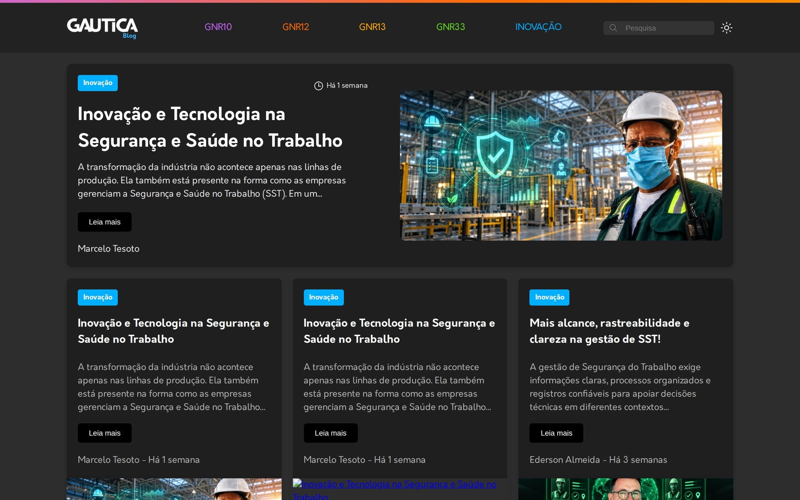 Página inicial do blog da GAUTICA, com o artigo em destaque e o menu por normas regulamentadoras