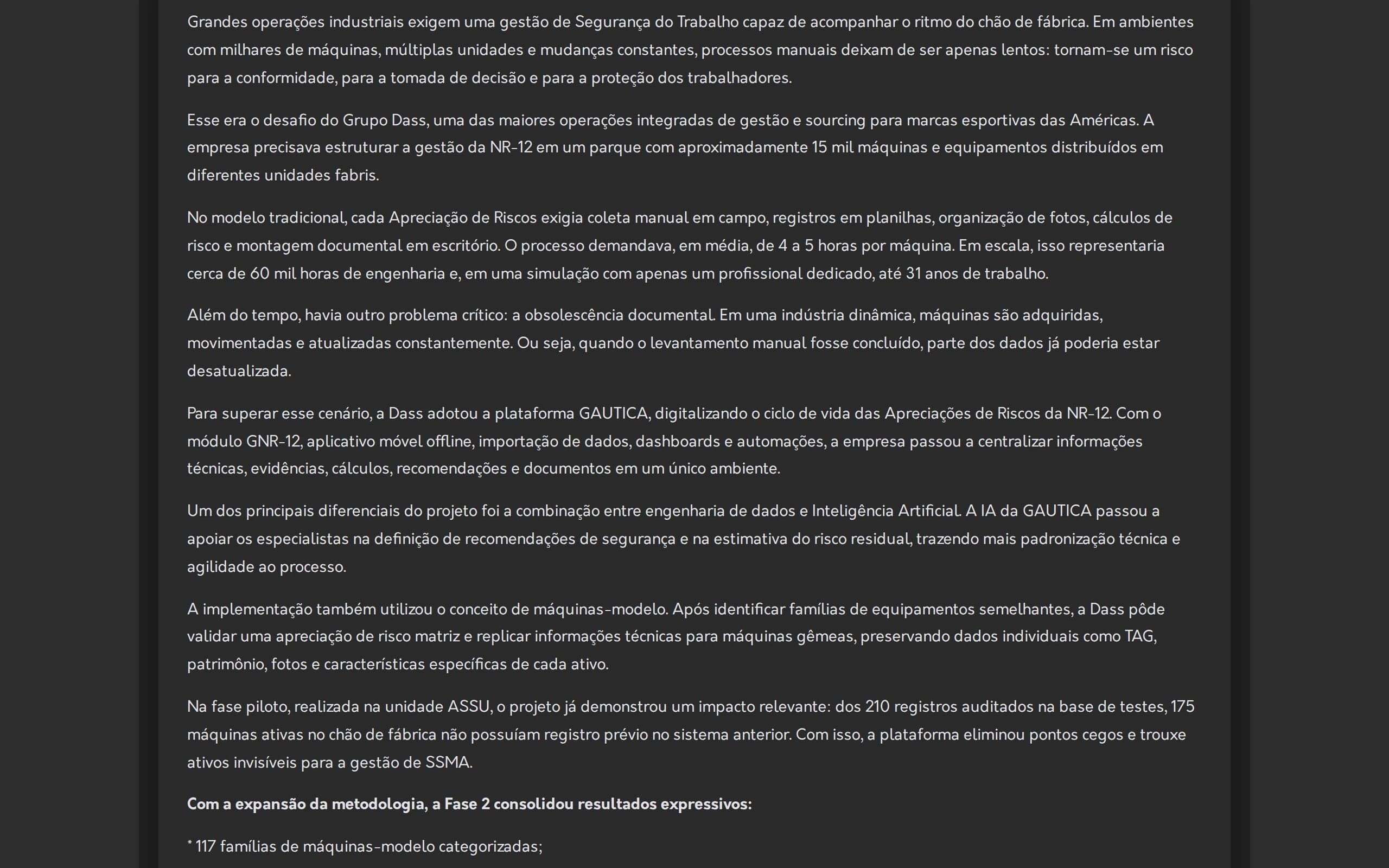 Corpo de um artigo do blog da GAUTICA sobre a gestão da NR-12