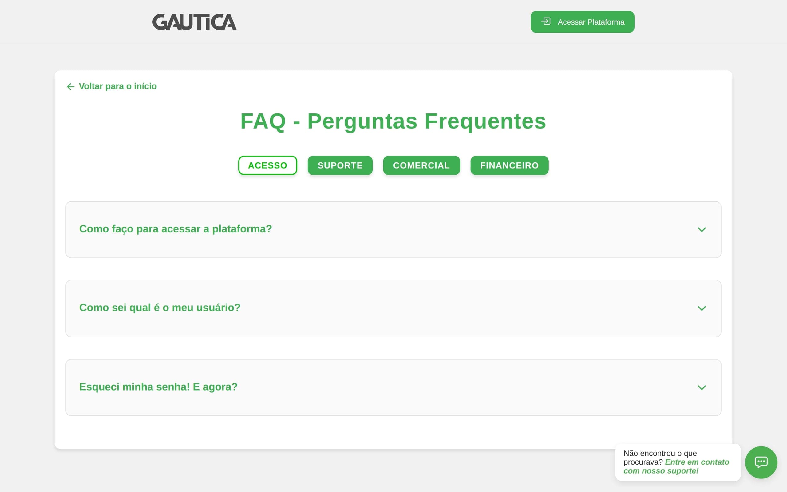 Perguntas frequentes com as abas Acesso, Suporte, Comercial e Financeiro