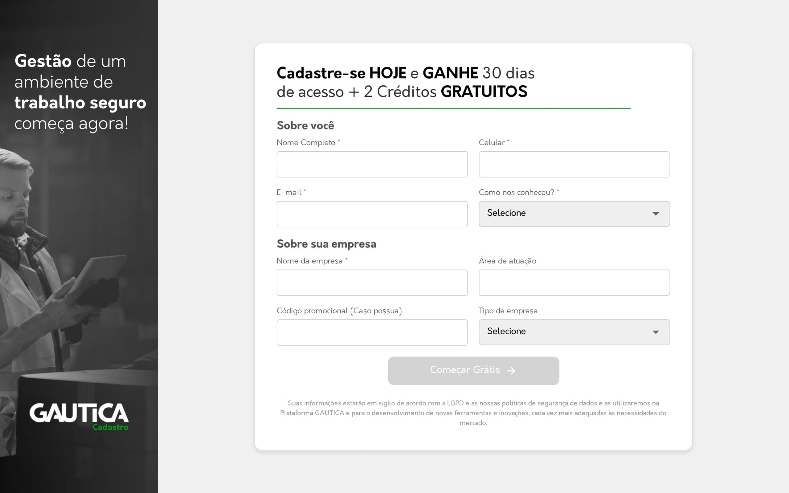 Primeiro passo do cadastro da GAUTICA, com os campos sobre você e sobre sua empresa