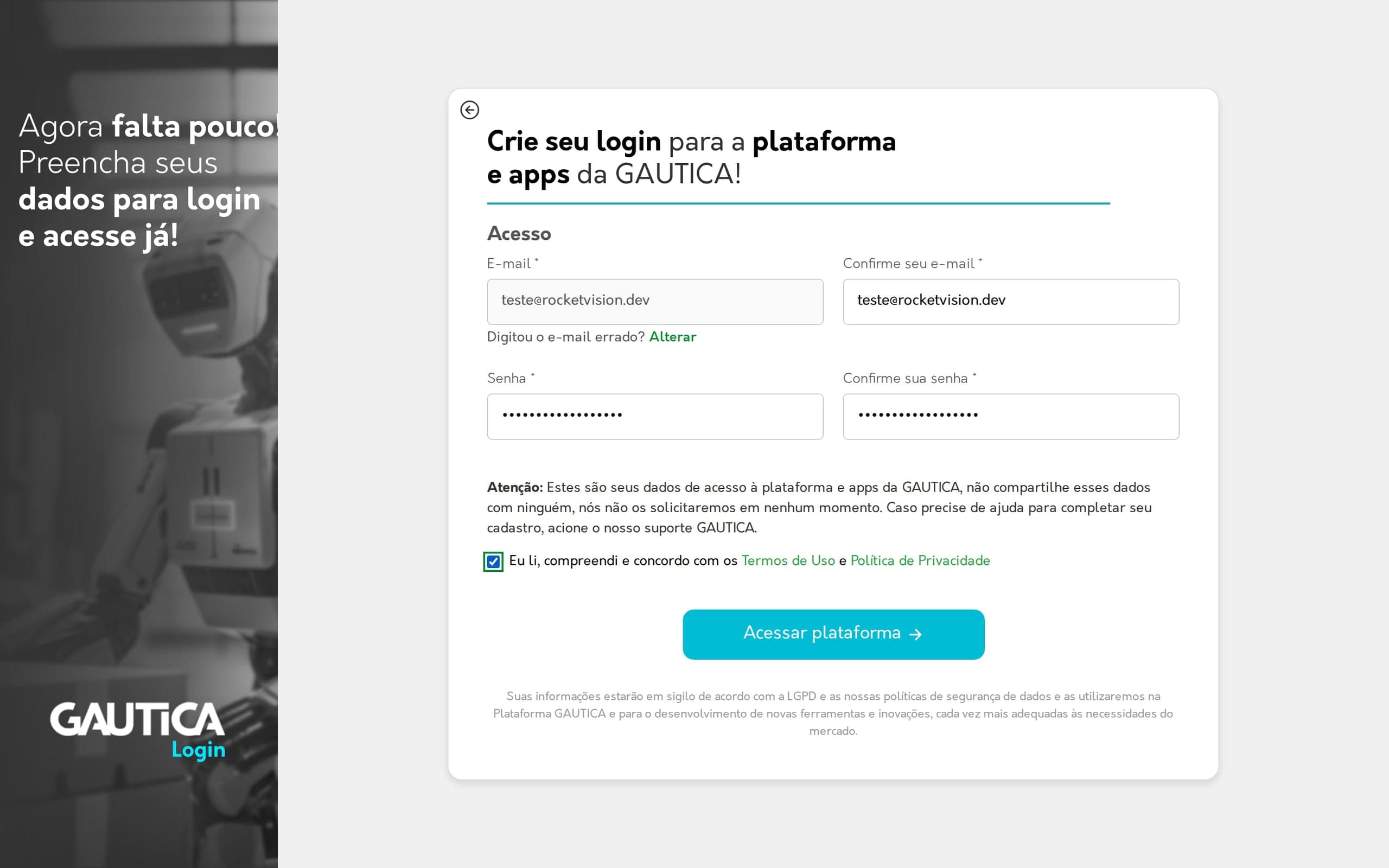 Segundo passo preenchido, com o aceite dos termos e o botão Acessar plataforma
