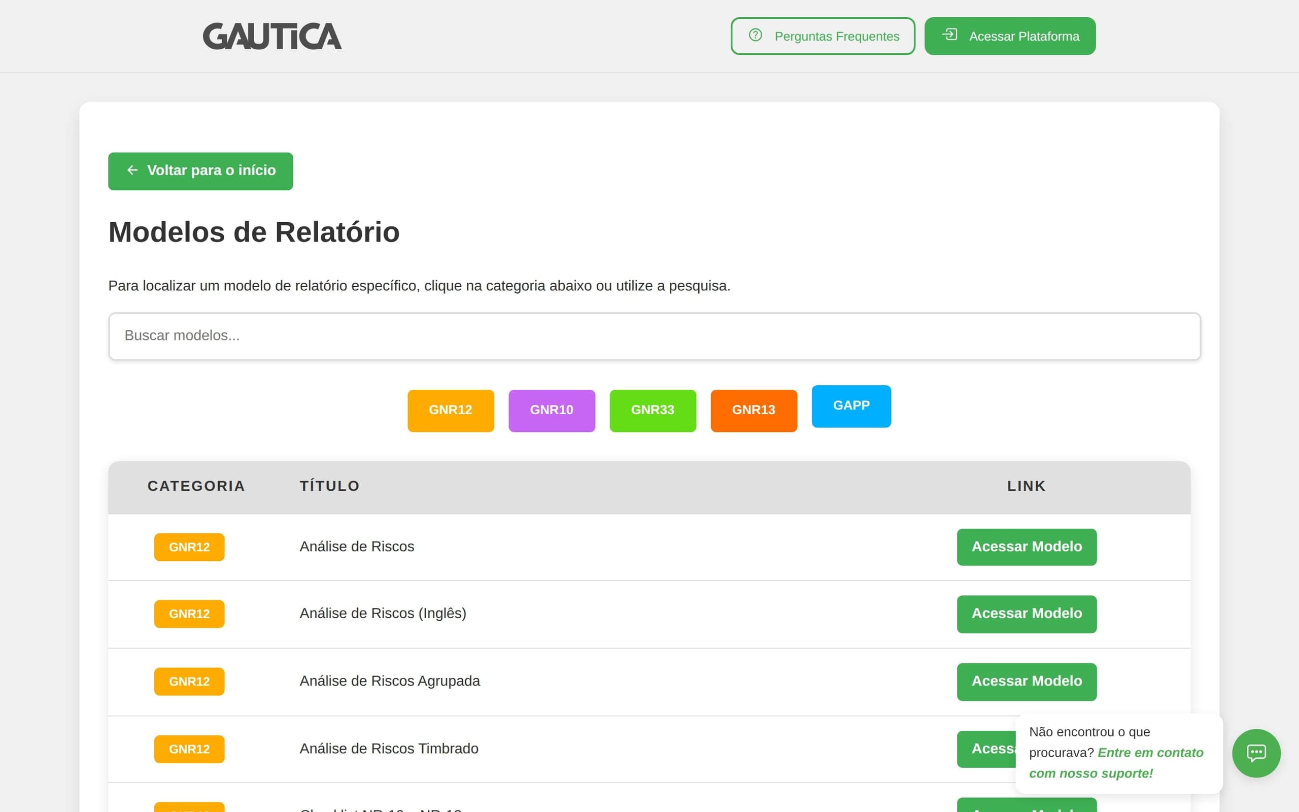 Página de Modelos de Relatório, com busca e filtros por módulo